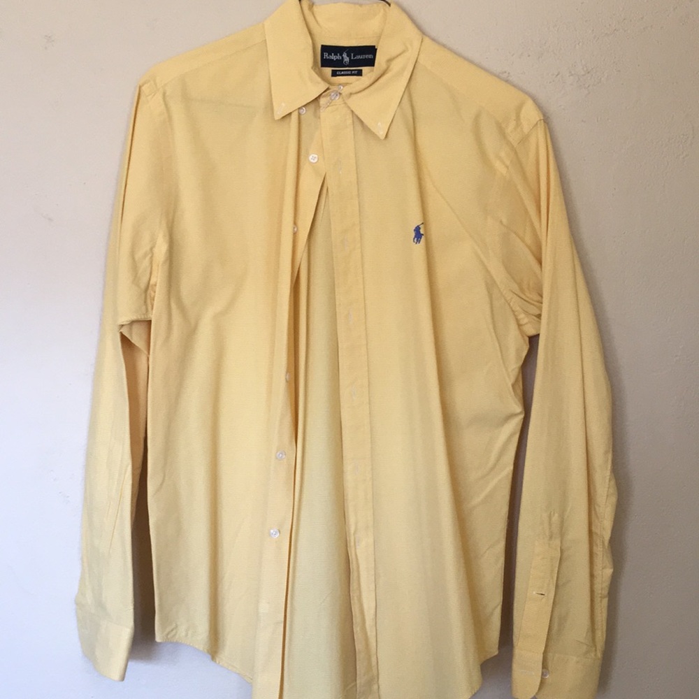 Yellow shirt blue logo